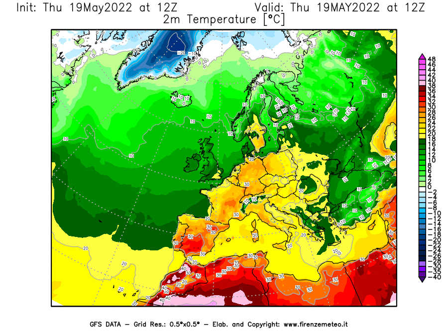 Mappa di analisi GFS - Temperatura a 2 metri dal suolo [°C] in Europa
									del 19/05/2022 12 <!--googleoff: index-->UTC<!--googleon: index-->