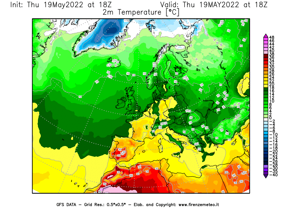 Mappa di analisi GFS - Temperatura a 2 metri dal suolo [°C] in Europa
									del 19/05/2022 18 <!--googleoff: index-->UTC<!--googleon: index-->