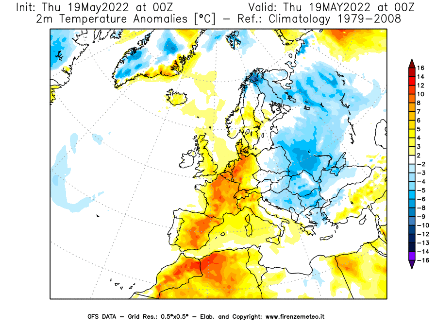 Mappa di analisi GFS - Anomalia Temperatura [°C] a 2 m in Europa
									del 19/05/2022 00 <!--googleoff: index-->UTC<!--googleon: index-->