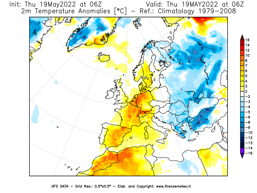 Mappa di analisi GFS - Anomalia Temperatura [°C] a 2 m in Europa
									del 19/05/2022 06 <!--googleoff: index-->UTC<!--googleon: index-->