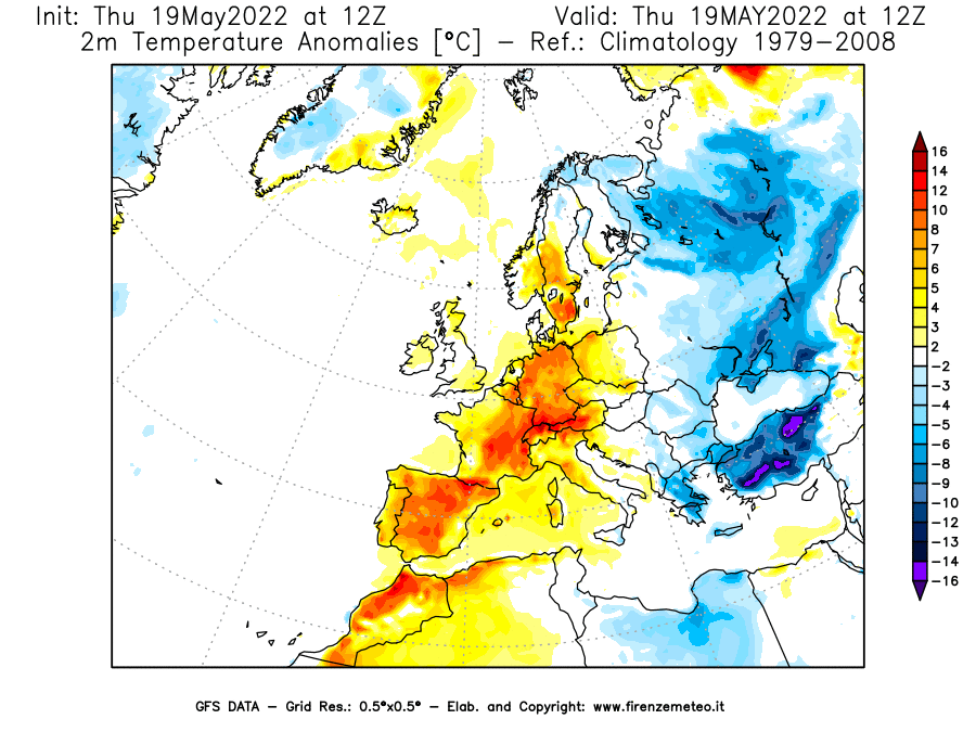 Mappa di analisi GFS - Anomalia Temperatura [°C] a 2 m in Europa
									del 19/05/2022 12 <!--googleoff: index-->UTC<!--googleon: index-->