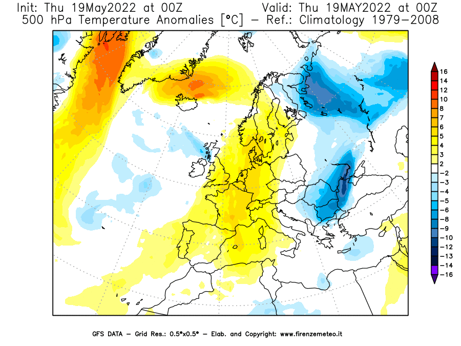 Mappa di analisi GFS - Anomalia Temperatura [°C] a 500 hPa in Europa
									del 19/05/2022 00 <!--googleoff: index-->UTC<!--googleon: index-->