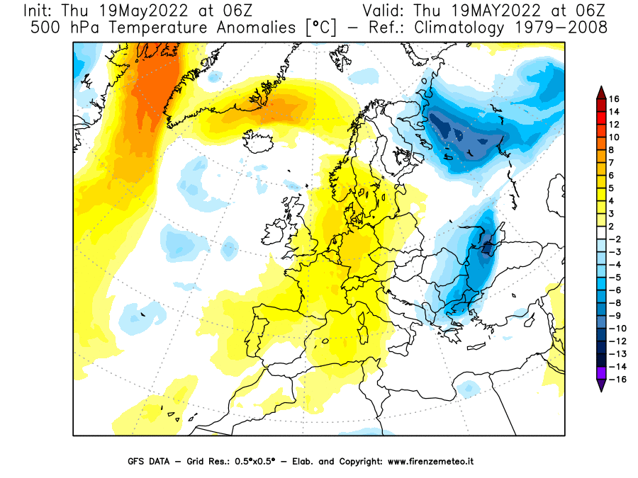 Mappa di analisi GFS - Anomalia Temperatura [°C] a 500 hPa in Europa
									del 19/05/2022 06 <!--googleoff: index-->UTC<!--googleon: index-->
