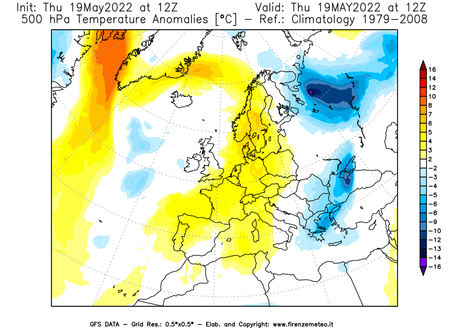 Mappa di analisi GFS - Anomalia Temperatura [°C] a 500 hPa in Europa
									del 19/05/2022 12 <!--googleoff: index-->UTC<!--googleon: index-->