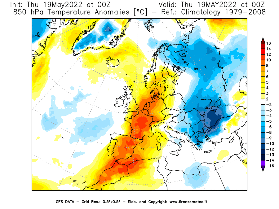 Mappa di analisi GFS - Anomalia Temperatura [°C] a 850 hPa in Europa
									del 19/05/2022 00 <!--googleoff: index-->UTC<!--googleon: index-->