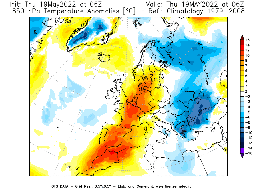 Mappa di analisi GFS - Anomalia Temperatura [°C] a 850 hPa in Europa
									del 19/05/2022 06 <!--googleoff: index-->UTC<!--googleon: index-->