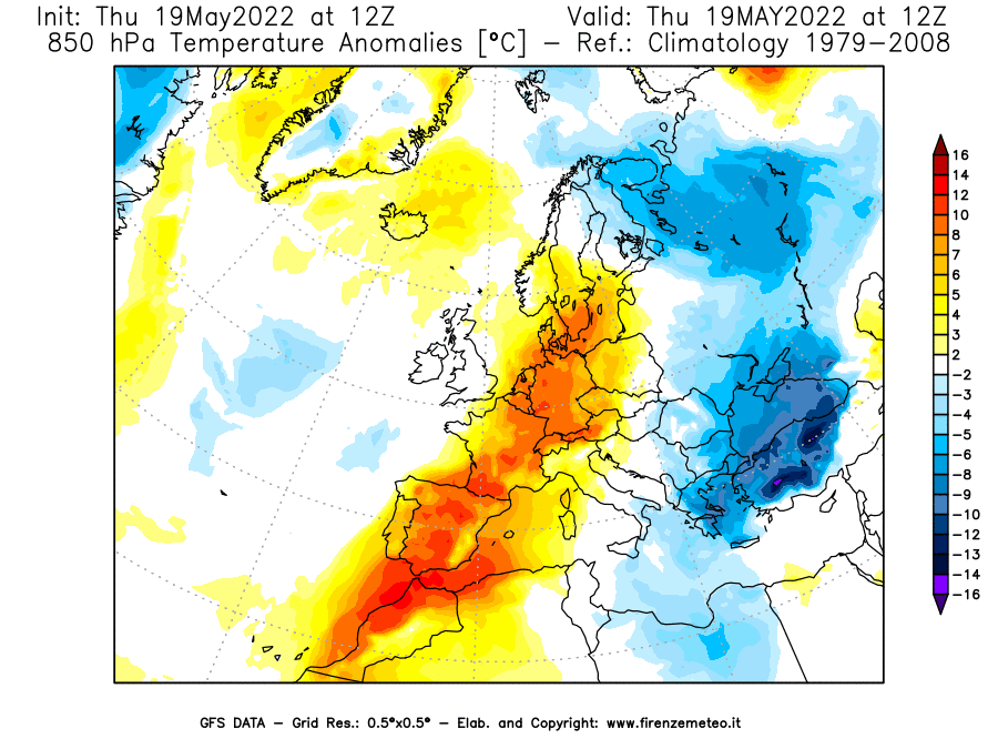 Mappa di analisi GFS - Anomalia Temperatura [°C] a 850 hPa in Europa
									del 19/05/2022 12 <!--googleoff: index-->UTC<!--googleon: index-->