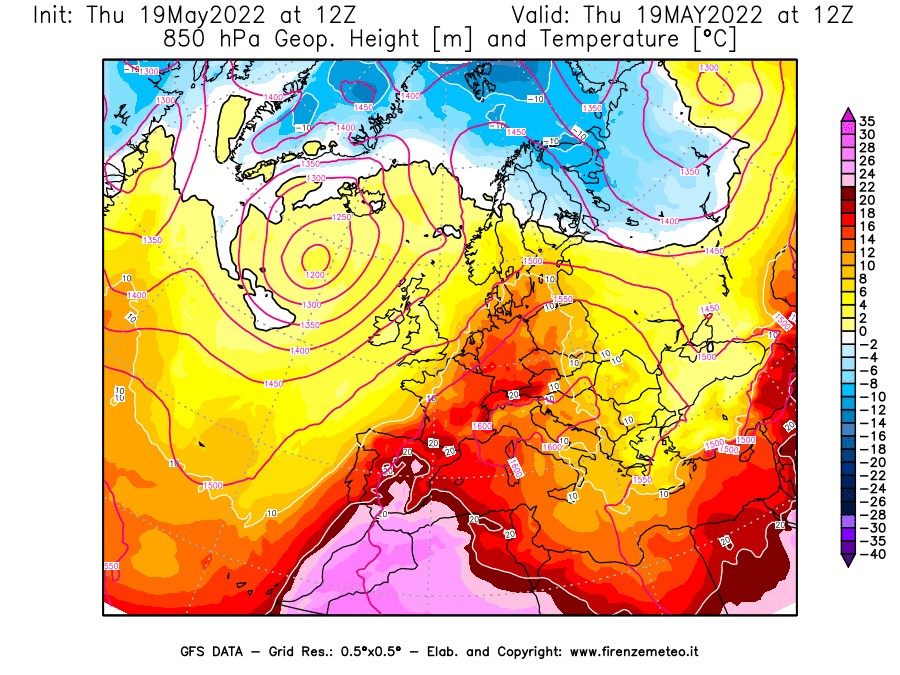 Mappa di analisi GFS - Geopotenziale [m] e Temperatura [°C] a 850 hPa in Europa
									del 19/05/2022 12 <!--googleoff: index-->UTC<!--googleon: index-->