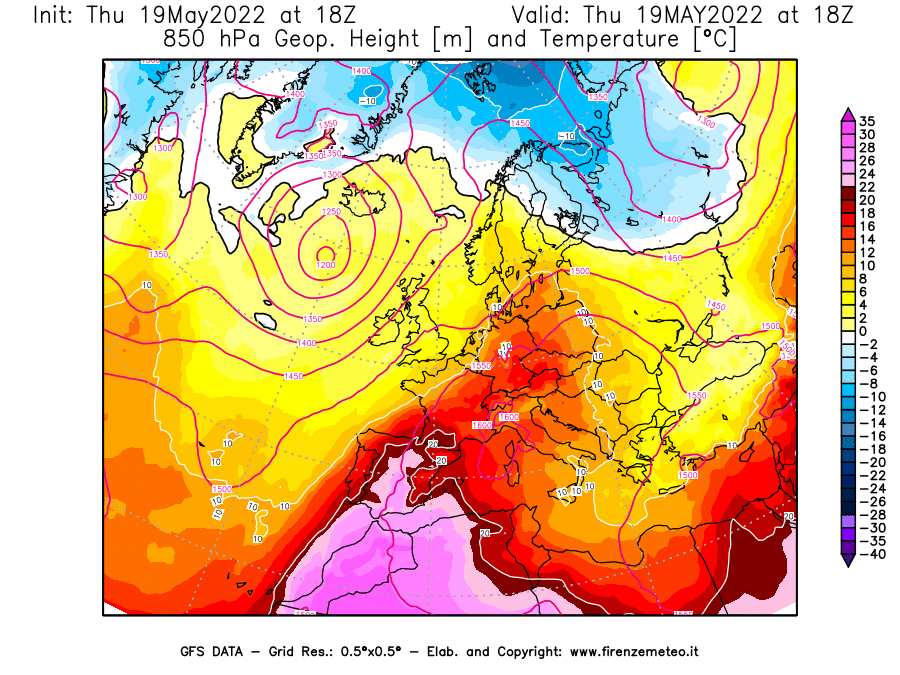Mappa di analisi GFS - Geopotenziale [m] e Temperatura [°C] a 850 hPa in Europa
									del 19/05/2022 18 <!--googleoff: index-->UTC<!--googleon: index-->