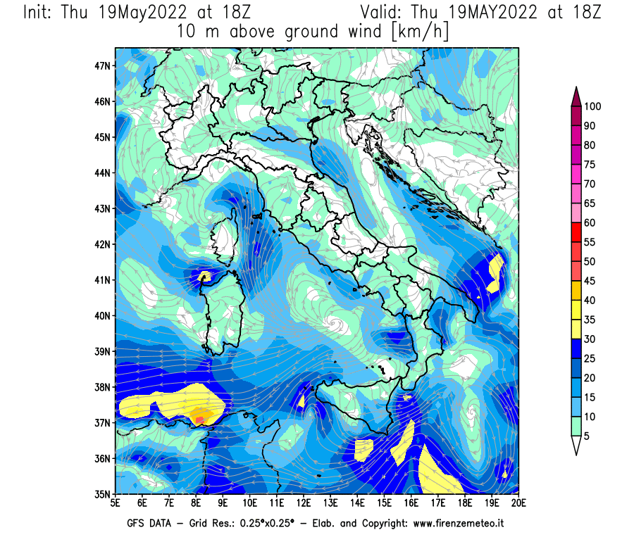 Mappa di analisi GFS - Velocità del vento a 10 metri dal suolo [km/h] in Italia
									del 19/05/2022 18 <!--googleoff: index-->UTC<!--googleon: index-->