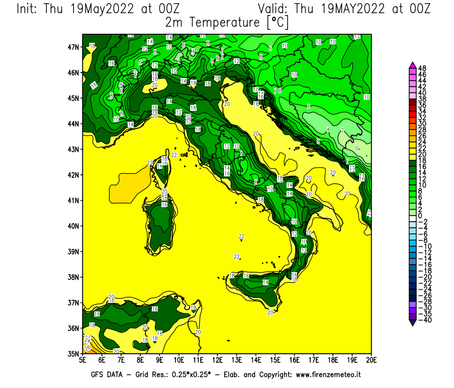 Mappa di analisi GFS - Temperatura a 2 metri dal suolo [°C] in Italia
									del 19/05/2022 00 <!--googleoff: index-->UTC<!--googleon: index-->