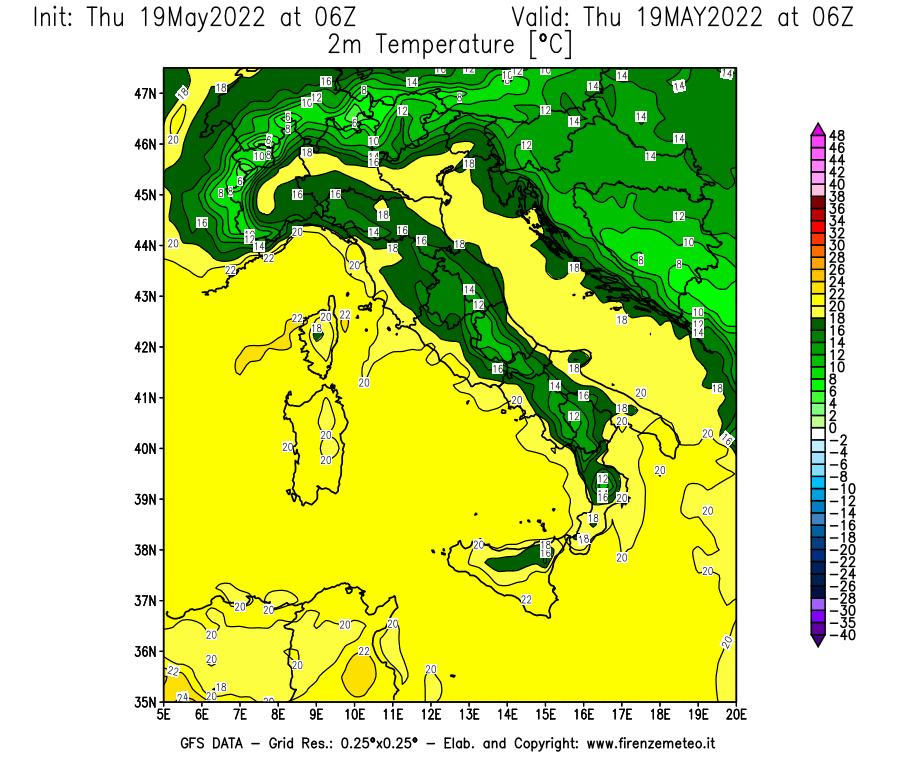 Mappa di analisi GFS - Temperatura a 2 metri dal suolo [°C] in Italia
									del 19/05/2022 06 <!--googleoff: index-->UTC<!--googleon: index-->