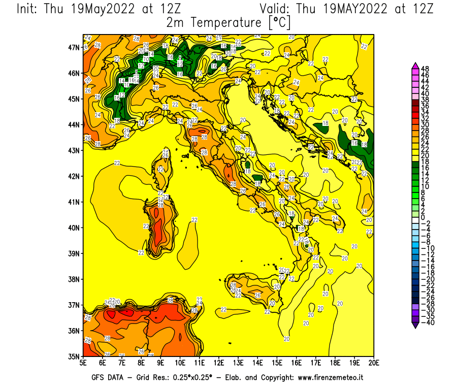 Mappa di analisi GFS - Temperatura a 2 metri dal suolo [°C] in Italia
									del 19/05/2022 12 <!--googleoff: index-->UTC<!--googleon: index-->