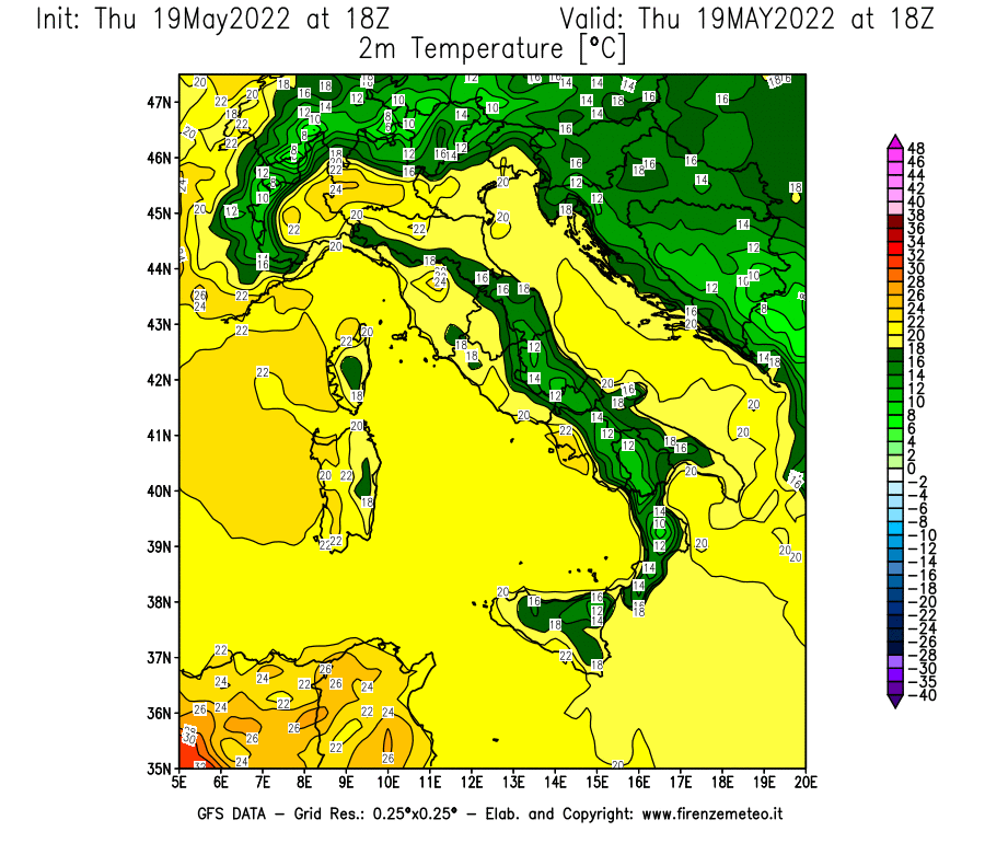 Mappa di analisi GFS - Temperatura a 2 metri dal suolo [°C] in Italia
									del 19/05/2022 18 <!--googleoff: index-->UTC<!--googleon: index-->