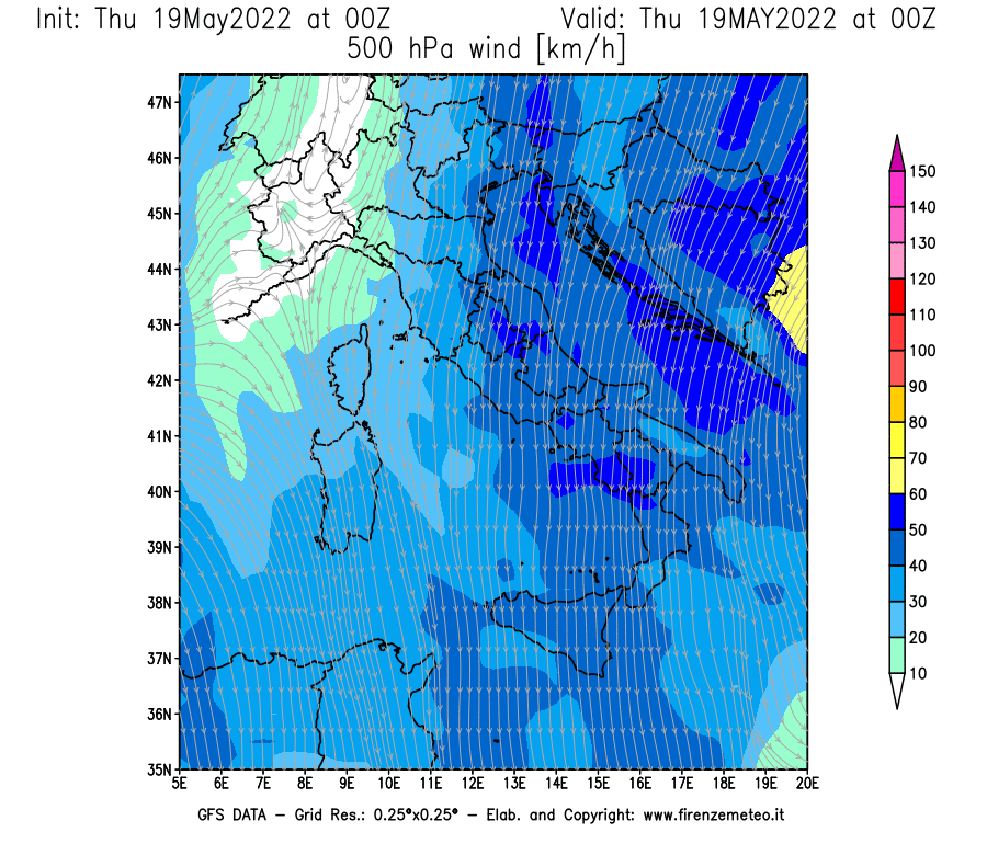 Mappa di analisi GFS - Velocità del vento a 500 hPa [km/h] in Italia
									del 19/05/2022 00 <!--googleoff: index-->UTC<!--googleon: index-->