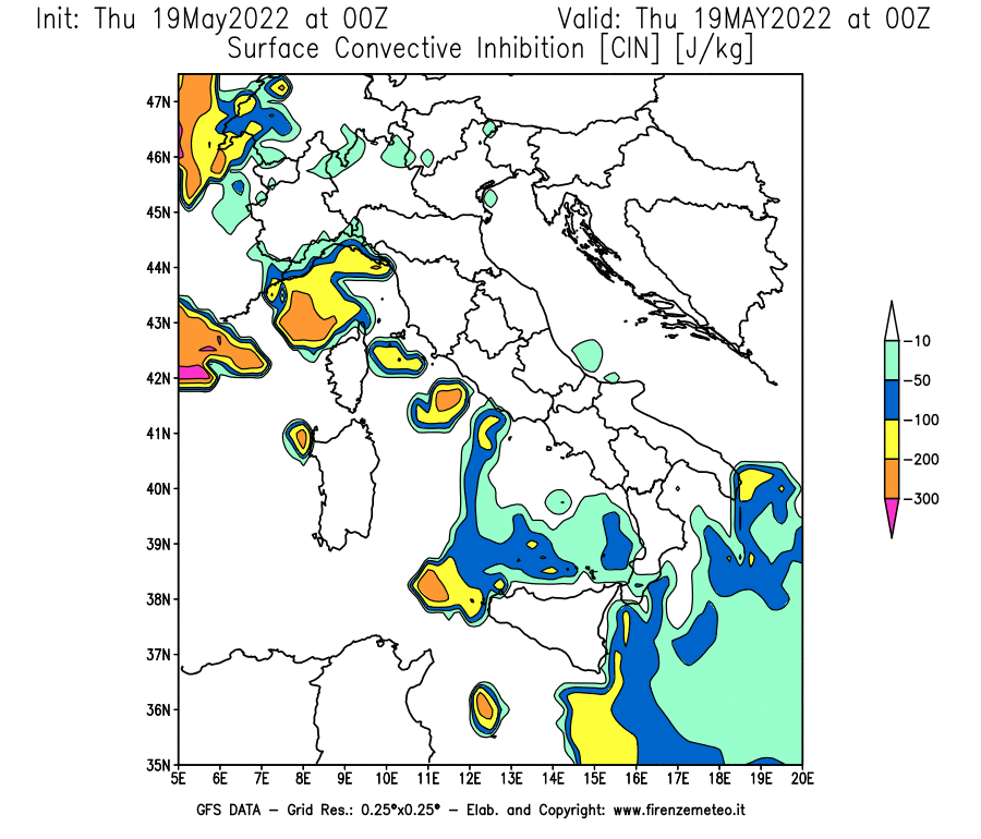 Mappa di analisi GFS - CIN [J/kg] in Italia
									del 19/05/2022 00 <!--googleoff: index-->UTC<!--googleon: index-->