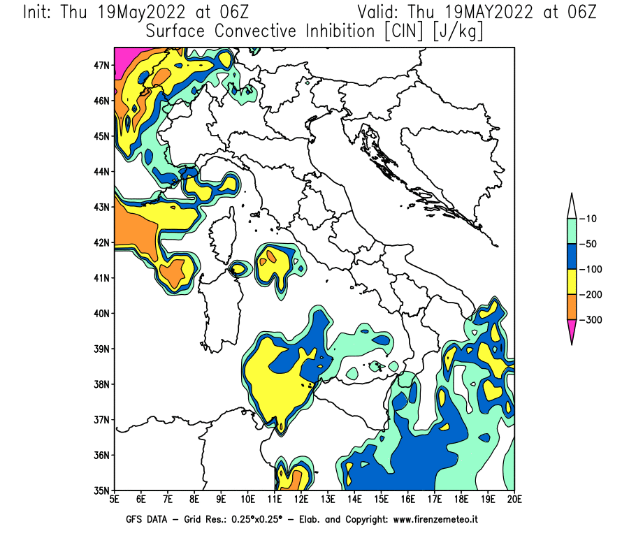 Mappa di analisi GFS - CIN [J/kg] in Italia
									del 19/05/2022 06 <!--googleoff: index-->UTC<!--googleon: index-->