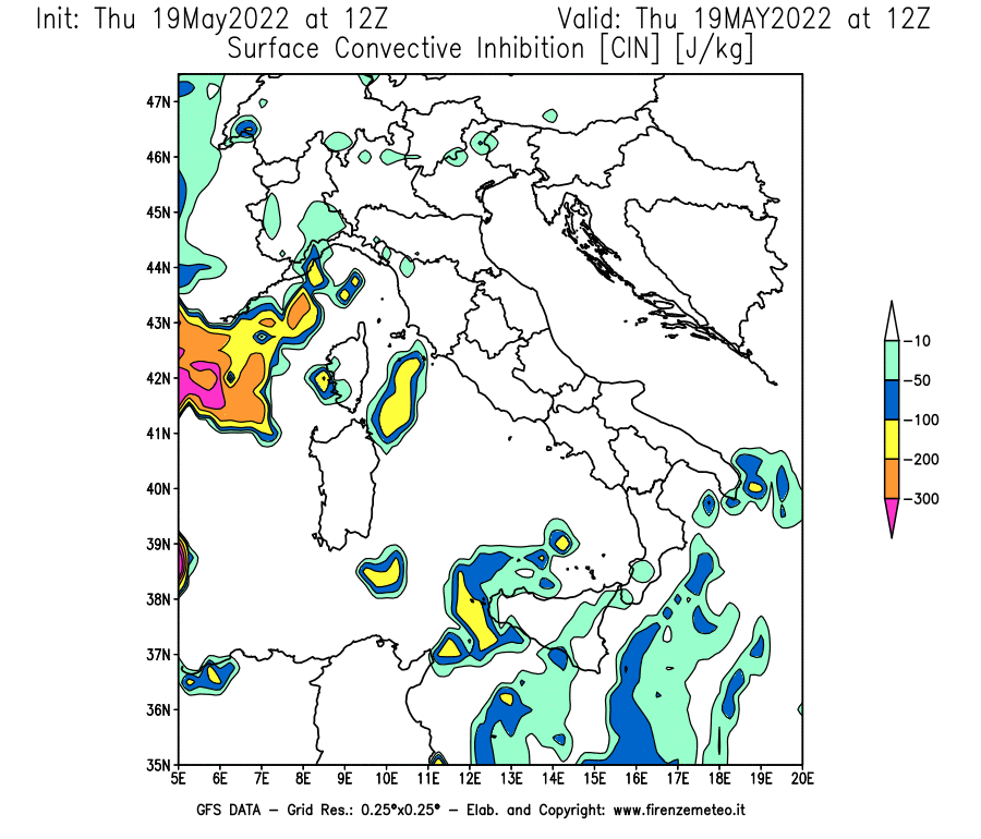 Mappa di analisi GFS - CIN [J/kg] in Italia
									del 19/05/2022 12 <!--googleoff: index-->UTC<!--googleon: index-->