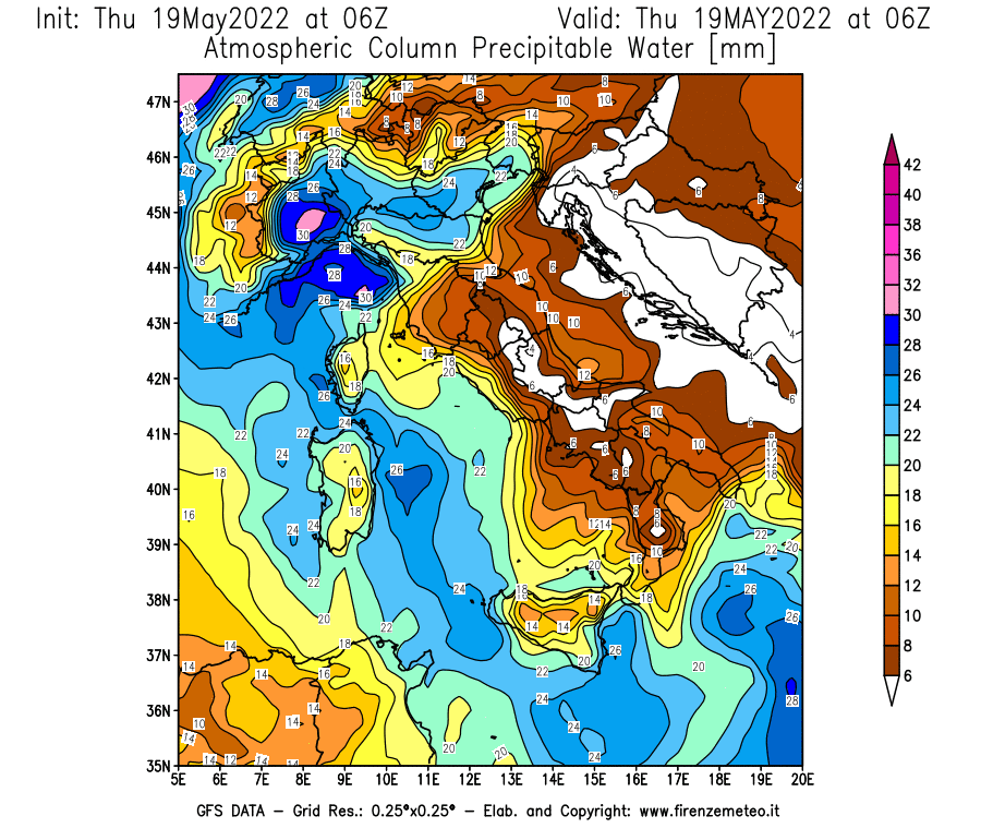 Mappa di analisi GFS - Precipitable Water [mm] in Italia
									del 19/05/2022 06 <!--googleoff: index-->UTC<!--googleon: index-->