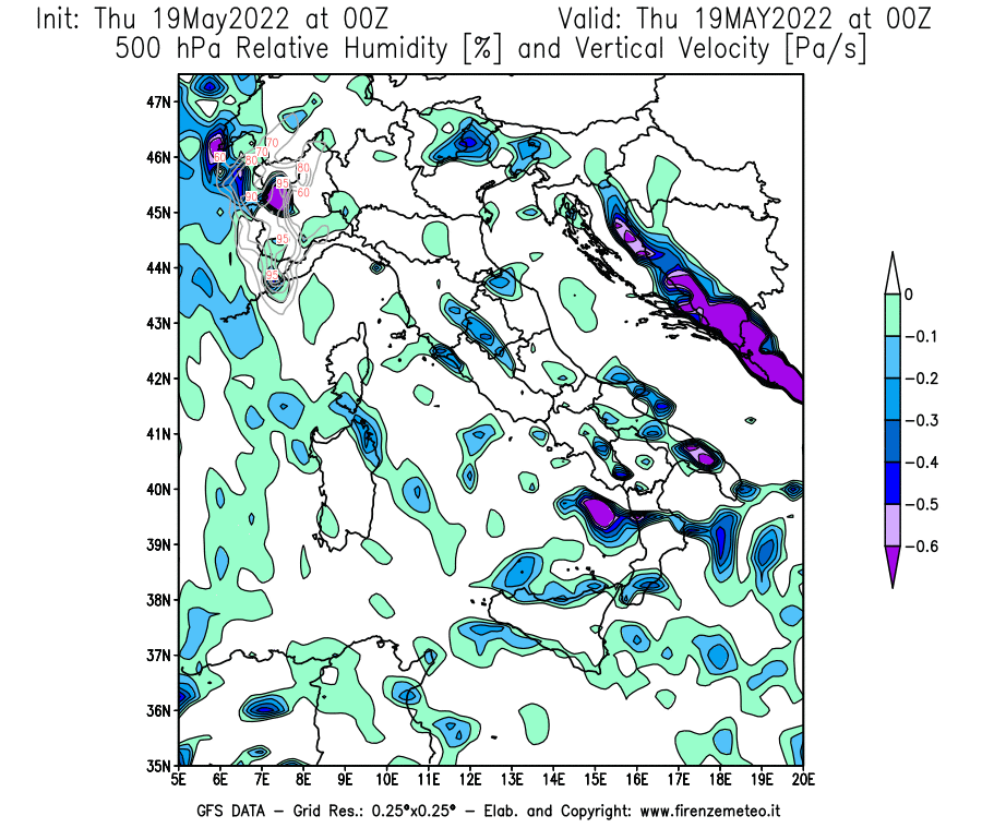 Mappa di analisi GFS - Umidità relativa [%] e Omega [Pa/s] a 500 hPa in Italia
									del 19/05/2022 00 <!--googleoff: index-->UTC<!--googleon: index-->