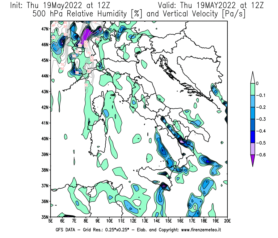 Mappa di analisi GFS - Umidità relativa [%] e Omega [Pa/s] a 500 hPa in Italia
									del 19/05/2022 12 <!--googleoff: index-->UTC<!--googleon: index-->