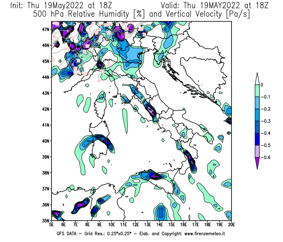 Mappa di analisi GFS - Umidità relativa [%] e Omega [Pa/s] a 500 hPa in Italia
									del 19/05/2022 18 <!--googleoff: index-->UTC<!--googleon: index-->