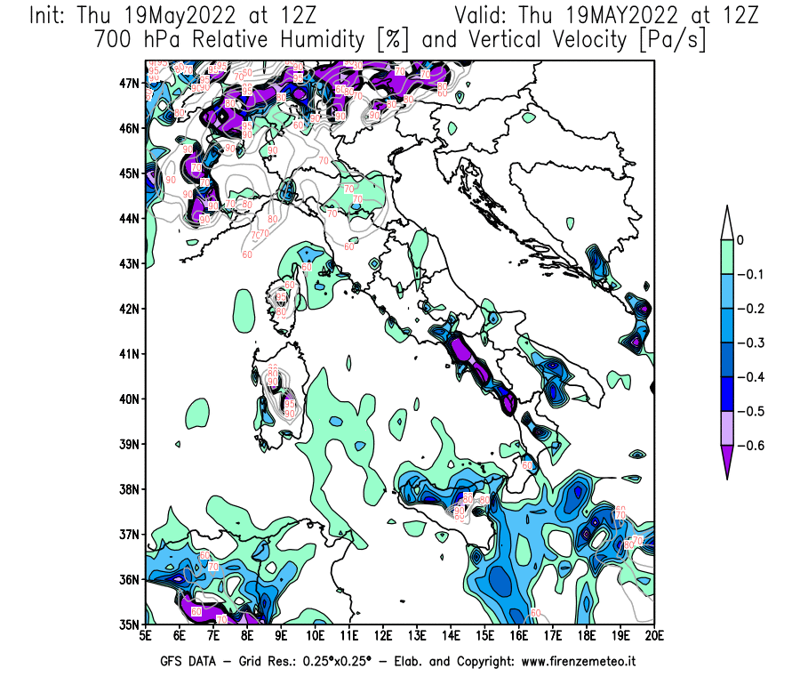 Mappa di analisi GFS - Umidità relativa [%] e Omega [Pa/s] a 700 hPa in Italia
									del 19/05/2022 12 <!--googleoff: index-->UTC<!--googleon: index-->