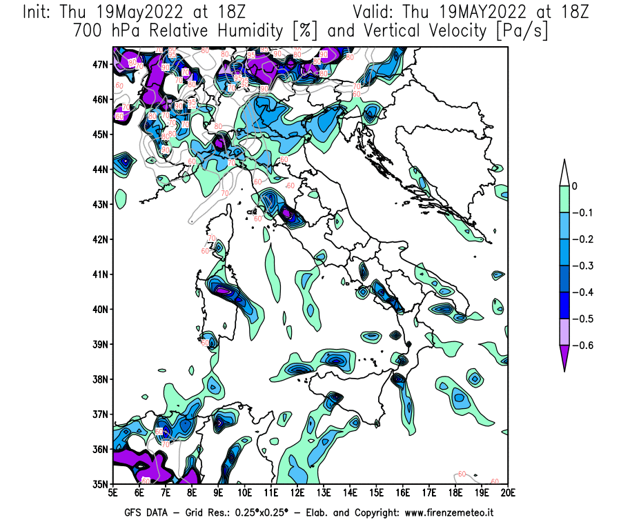 Mappa di analisi GFS - Umidità relativa [%] e Omega [Pa/s] a 700 hPa in Italia
									del 19/05/2022 18 <!--googleoff: index-->UTC<!--googleon: index-->