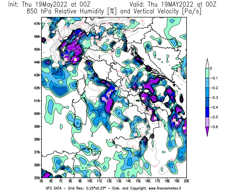 Mappa di analisi GFS - Umidità relativa [%] e Omega [Pa/s] a 850 hPa in Italia
									del 19/05/2022 00 <!--googleoff: index-->UTC<!--googleon: index-->