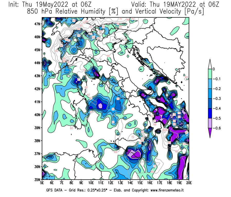 Mappa di analisi GFS - Umidità relativa [%] e Omega [Pa/s] a 850 hPa in Italia
									del 19/05/2022 06 <!--googleoff: index-->UTC<!--googleon: index-->