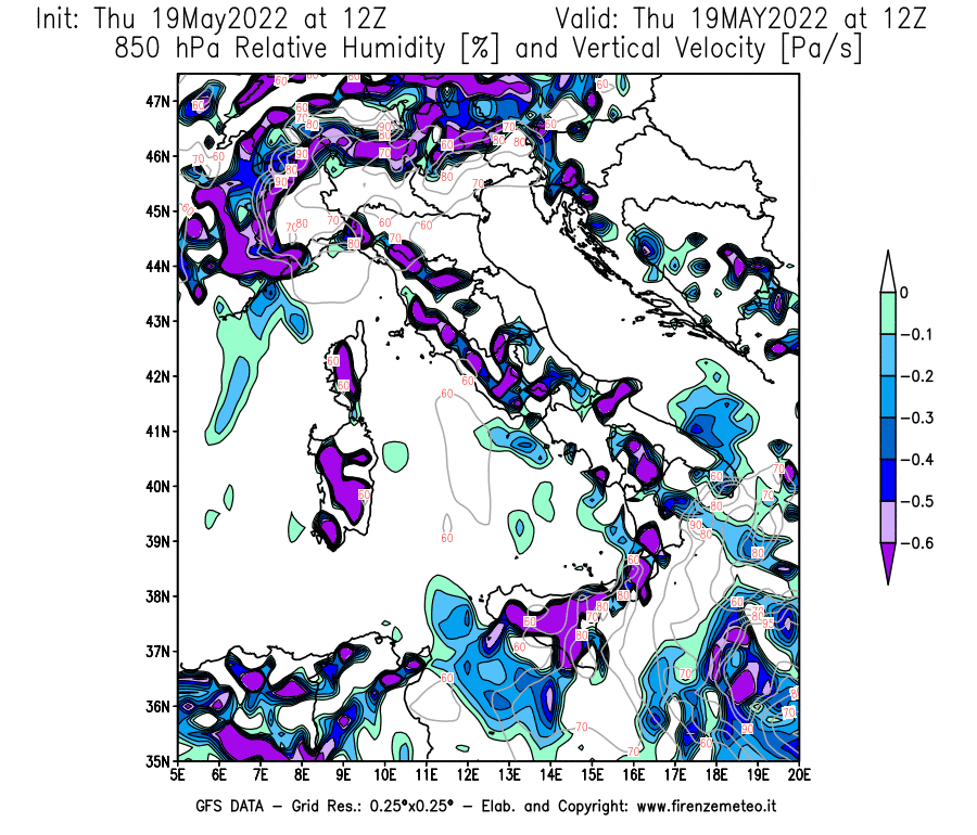 Mappa di analisi GFS - Umidità relativa [%] e Omega [Pa/s] a 850 hPa in Italia
									del 19/05/2022 12 <!--googleoff: index-->UTC<!--googleon: index-->