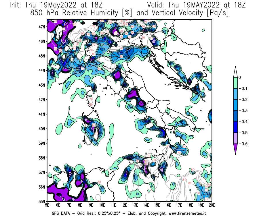 Mappa di analisi GFS - Umidità relativa [%] e Omega [Pa/s] a 850 hPa in Italia
									del 19/05/2022 18 <!--googleoff: index-->UTC<!--googleon: index-->