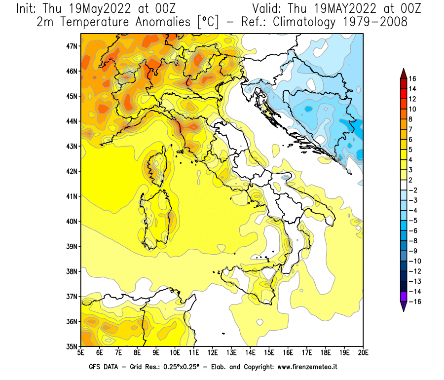 Mappa di analisi GFS - Anomalia Temperatura [°C] a 2 m in Italia
									del 19/05/2022 00 <!--googleoff: index-->UTC<!--googleon: index-->