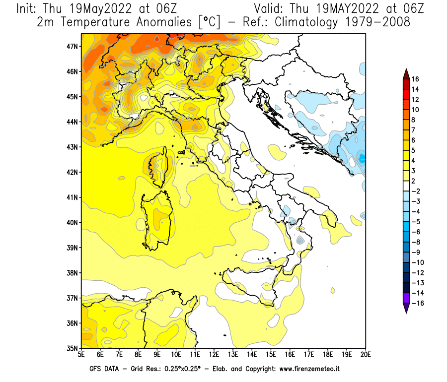Mappa di analisi GFS - Anomalia Temperatura [°C] a 2 m in Italia
									del 19/05/2022 06 <!--googleoff: index-->UTC<!--googleon: index-->