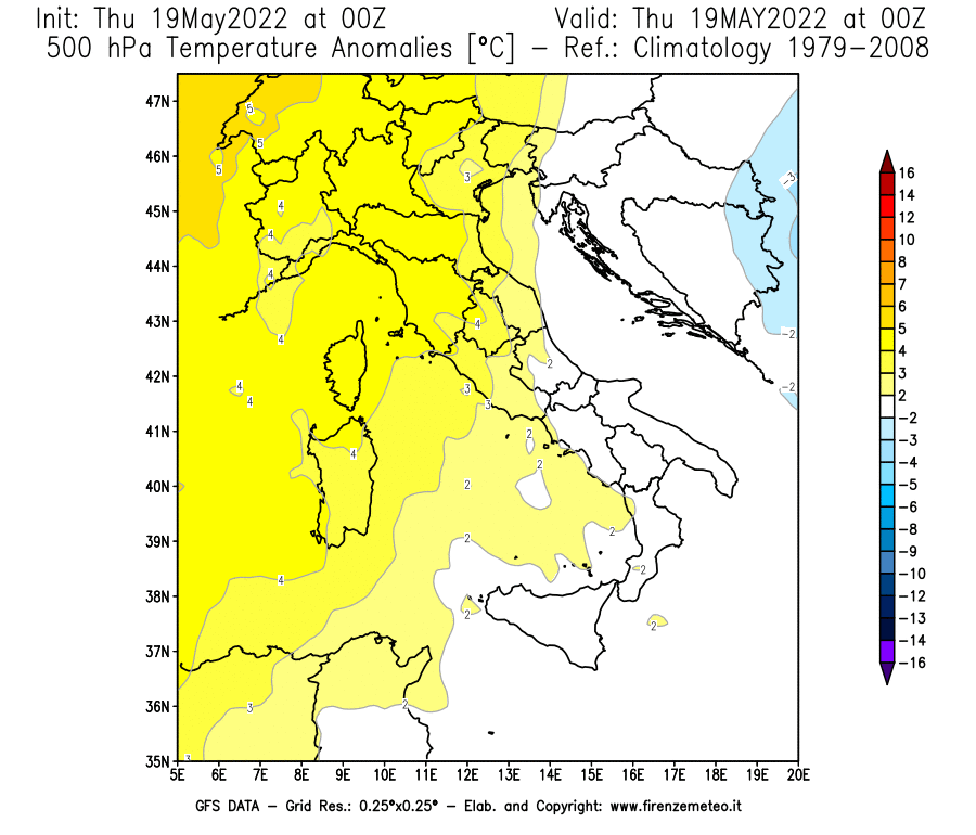 Mappa di analisi GFS - Anomalia Temperatura [°C] a 500 hPa in Italia
									del 19/05/2022 00 <!--googleoff: index-->UTC<!--googleon: index-->