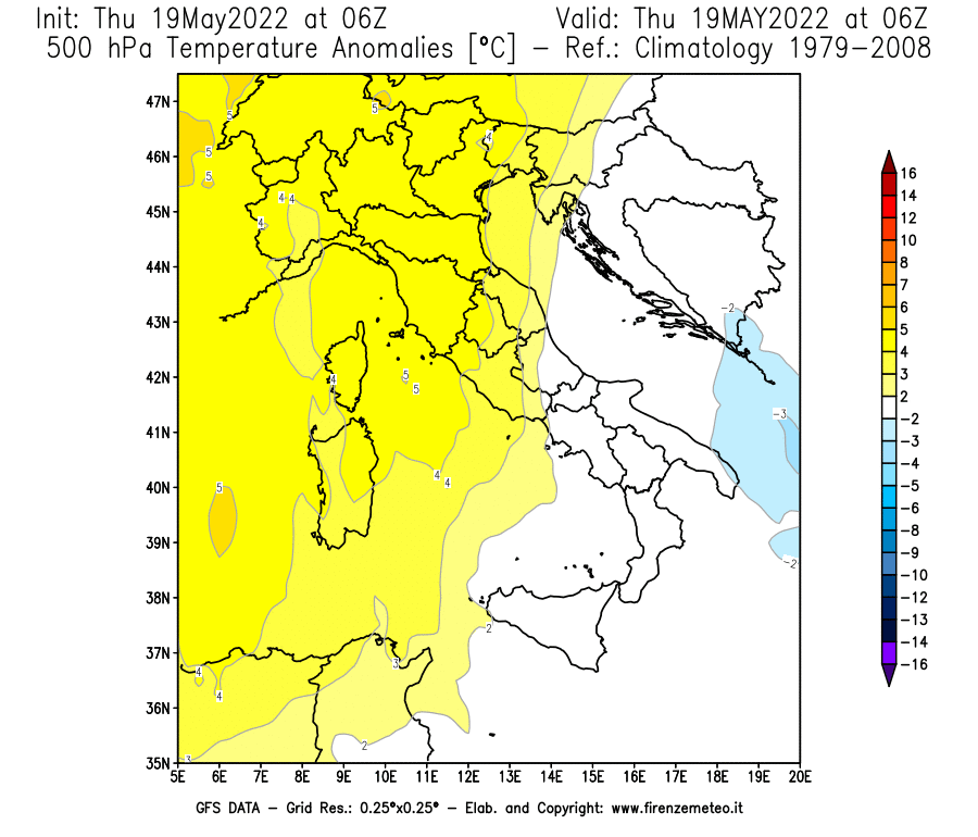 Mappa di analisi GFS - Anomalia Temperatura [°C] a 500 hPa in Italia
									del 19/05/2022 06 <!--googleoff: index-->UTC<!--googleon: index-->