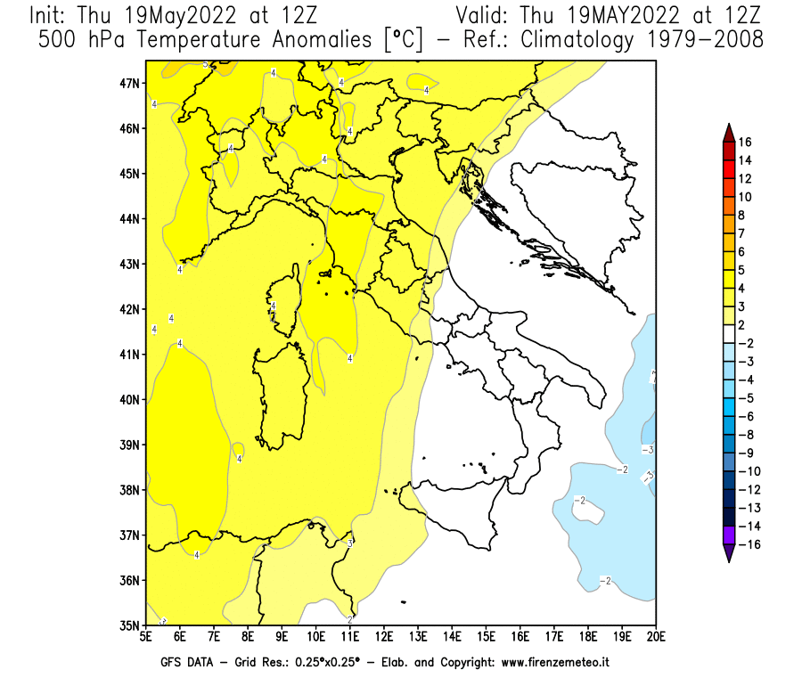 Mappa di analisi GFS - Anomalia Temperatura [°C] a 500 hPa in Italia
									del 19/05/2022 12 <!--googleoff: index-->UTC<!--googleon: index-->