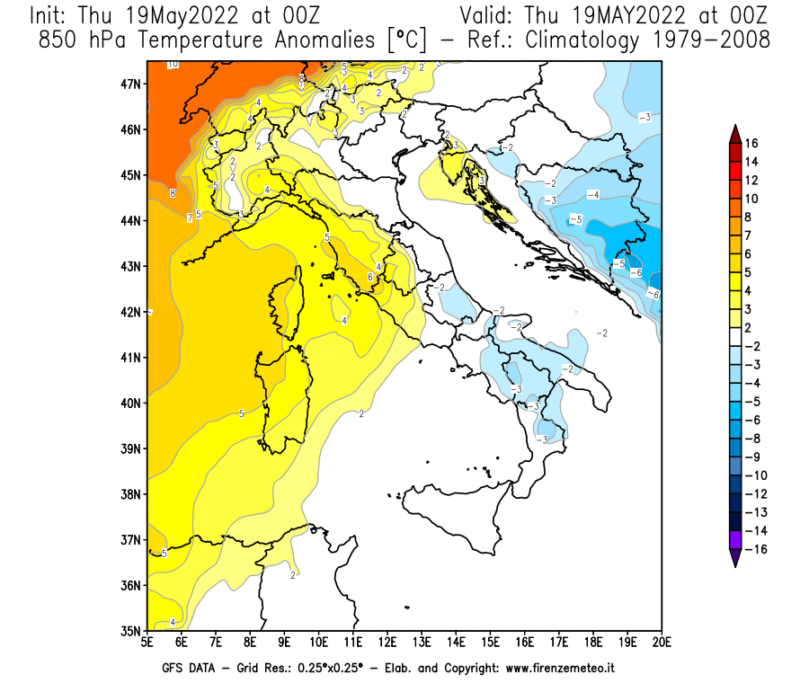 Mappa di analisi GFS - Anomalia Temperatura [°C] a 850 hPa in Italia
									del 19/05/2022 00 <!--googleoff: index-->UTC<!--googleon: index-->