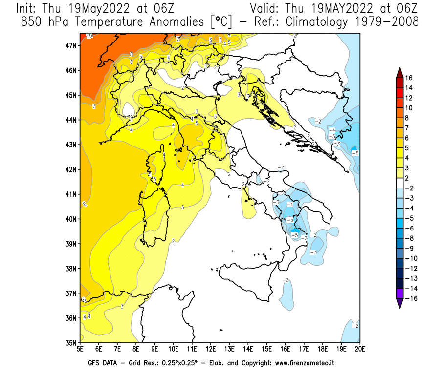 Mappa di analisi GFS - Anomalia Temperatura [°C] a 850 hPa in Italia
									del 19/05/2022 06 <!--googleoff: index-->UTC<!--googleon: index-->