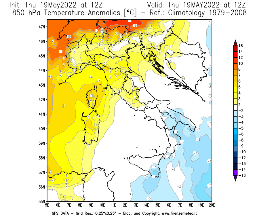 Mappa di analisi GFS - Anomalia Temperatura [°C] a 850 hPa in Italia
									del 19/05/2022 12 <!--googleoff: index-->UTC<!--googleon: index-->