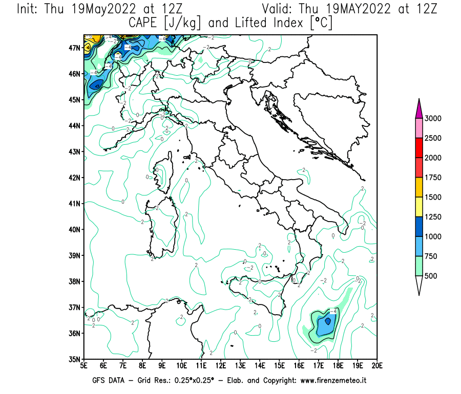 Mappa di analisi GFS - CAPE [J/kg] e Lifted Index [°C] in Italia
									del 19/05/2022 12 <!--googleoff: index-->UTC<!--googleon: index-->