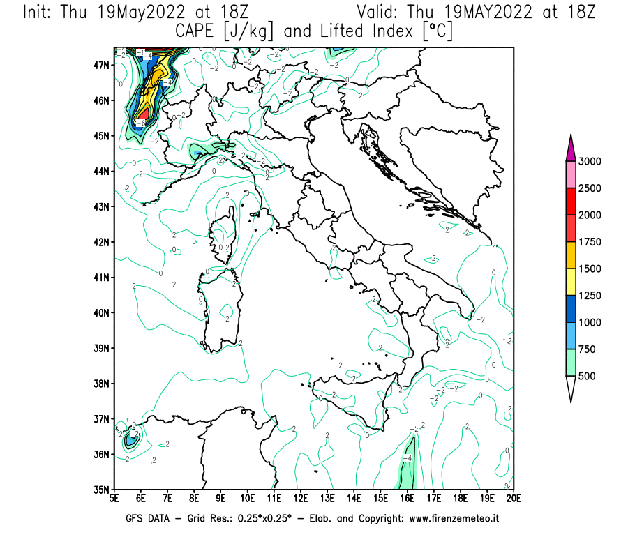 Mappa di analisi GFS - CAPE [J/kg] e Lifted Index [°C] in Italia
									del 19/05/2022 18 <!--googleoff: index-->UTC<!--googleon: index-->
