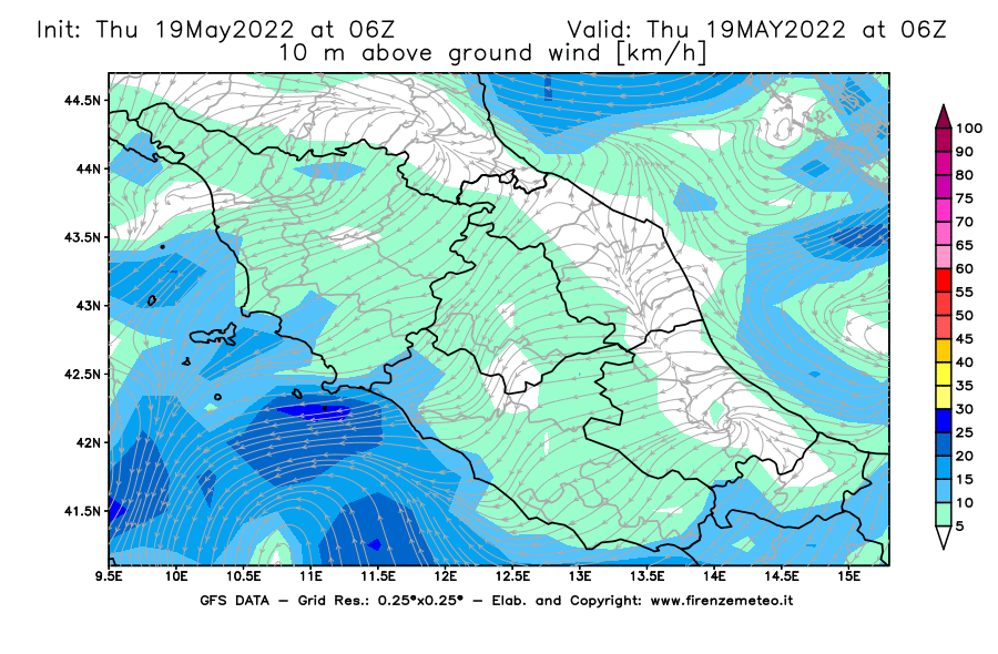 Mappa di analisi GFS - Velocità del vento a 10 metri dal suolo [km/h] in Centro-Italia
									del 19/05/2022 06 <!--googleoff: index-->UTC<!--googleon: index-->