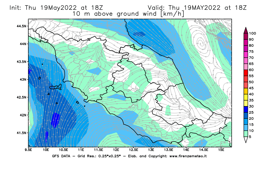 Mappa di analisi GFS - Velocità del vento a 10 metri dal suolo [km/h] in Centro-Italia
									del 19/05/2022 18 <!--googleoff: index-->UTC<!--googleon: index-->