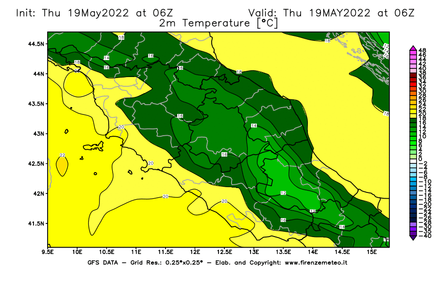 Mappa di analisi GFS - Temperatura a 2 metri dal suolo [°C] in Centro-Italia
									del 19/05/2022 06 <!--googleoff: index-->UTC<!--googleon: index-->
