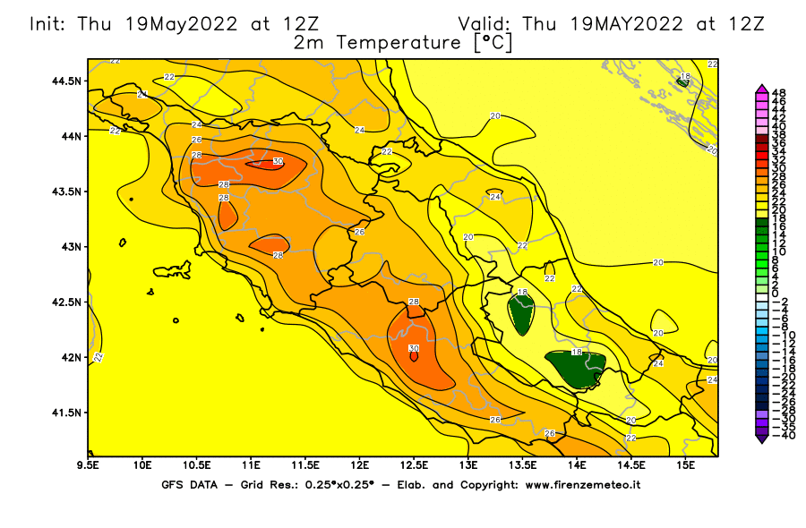 Mappa di analisi GFS - Temperatura a 2 metri dal suolo [°C] in Centro-Italia
									del 19/05/2022 12 <!--googleoff: index-->UTC<!--googleon: index-->