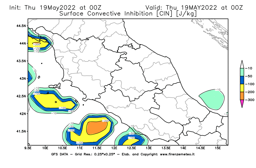 Mappa di analisi GFS - CIN [J/kg] in Centro-Italia
									del 19/05/2022 00 <!--googleoff: index-->UTC<!--googleon: index-->