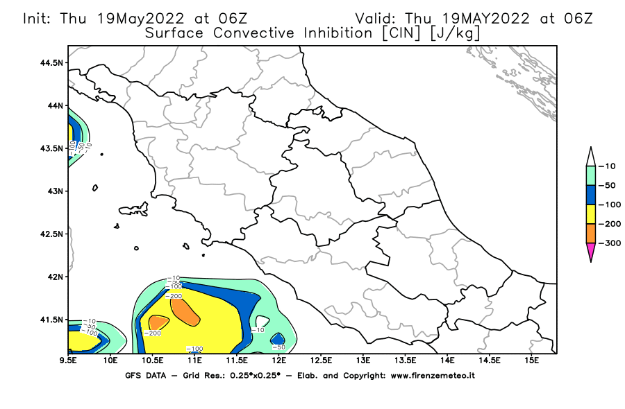 Mappa di analisi GFS - CIN [J/kg] in Centro-Italia
									del 19/05/2022 06 <!--googleoff: index-->UTC<!--googleon: index-->