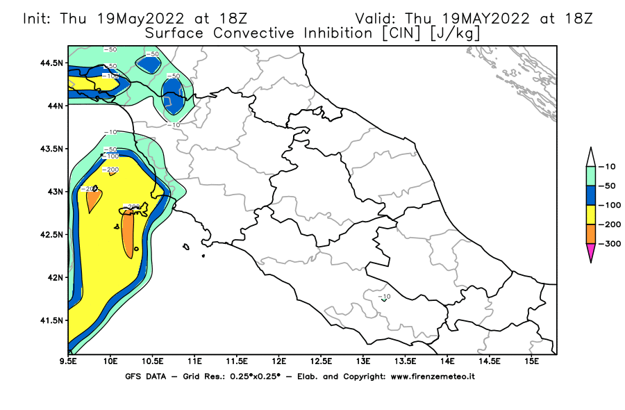 Mappa di analisi GFS - CIN [J/kg] in Centro-Italia
									del 19/05/2022 18 <!--googleoff: index-->UTC<!--googleon: index-->