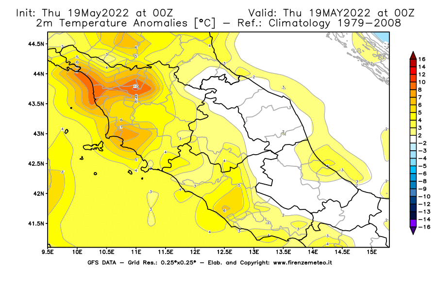 Mappa di analisi GFS - Anomalia Temperatura [°C] a 2 m in Centro-Italia
									del 19/05/2022 00 <!--googleoff: index-->UTC<!--googleon: index-->